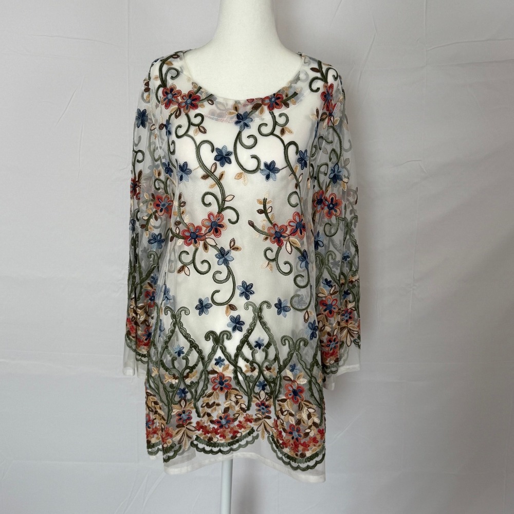 Yushi Floral Embroidered Sheer‎ Mesh Tunic Top White Red Green Colorful Boho M